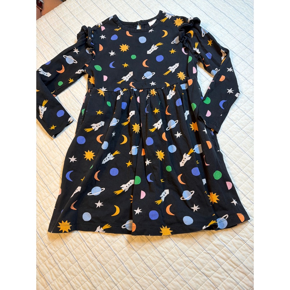 Hanna Andersson Girls Black Space Rocket Planet Ruffle Dress 120 US 6-7 82013